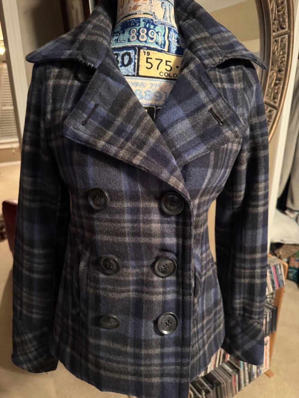 Aeropostale Blue and Black Plaid Double-Breasted Peacoat